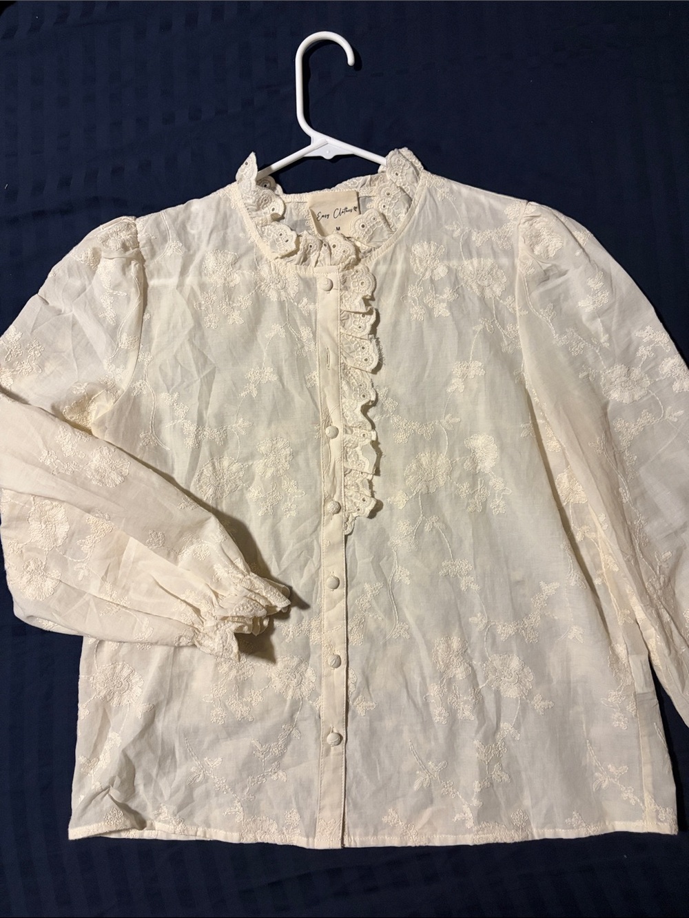 Lace-Trim Ivory Button-Up Blouse